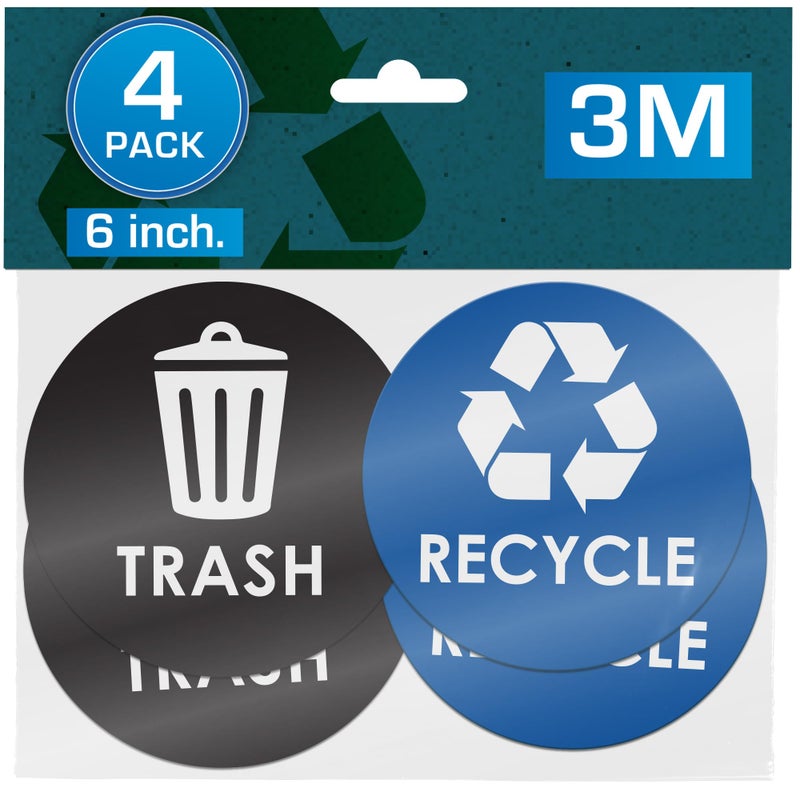 Pixelverse Design Recycle Stickers for Trash Bins - 6"x6" Round Decals, 4 Pack Set - Recycling Sticker for Trash Can - UV-Resistant Waste Management for Indoor, Outdoor, Kitchen, Office, and Public Spaces - Image 1